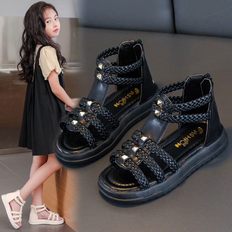 Girls Roman Sandals Open Toe Braided Solid Color High-top Simple Rivets New Summer Hollow Flat Casual Shoes Kids Fashion Casual