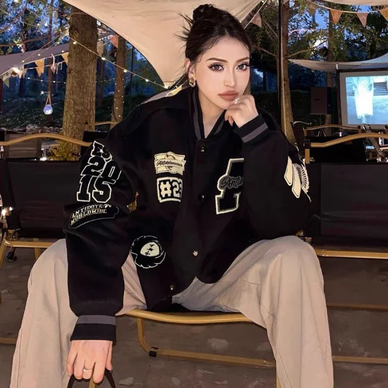 Deeptown Vintage Baseball Varsity Jacket Women Oversized Streetwear Casual Embroidery Bomber Black Jackets College Autumn Winter