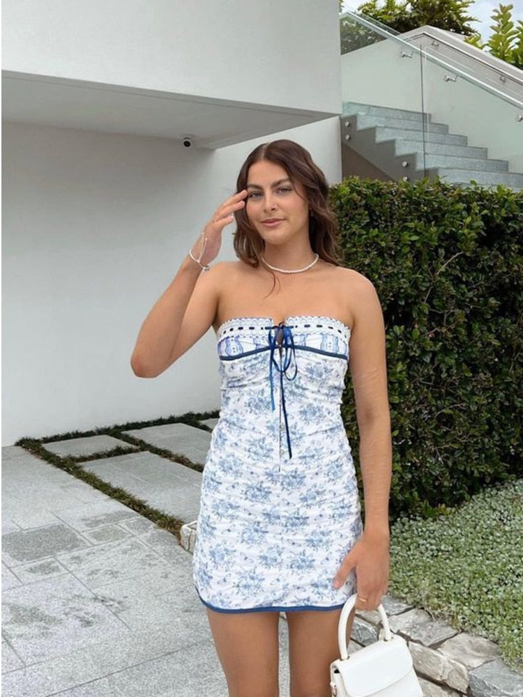 WARMMETA MO Floral Printed Vacation Women Dress Off-shoulder Blue Metal Button Spring Skinny Elegant Outside Female Mini Dresses