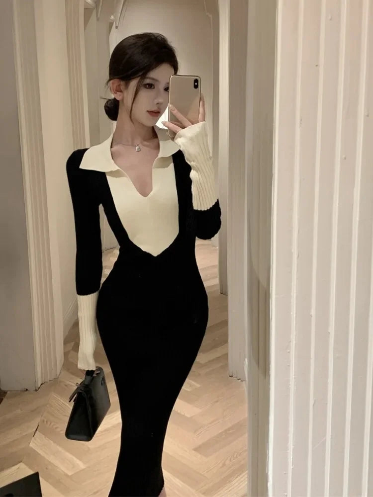 WARMMETA Knitted Dresses Women French Style V Neck Autumn Winter Basic Contrast Slim Stretch Elegant Dress Ladies Fashion