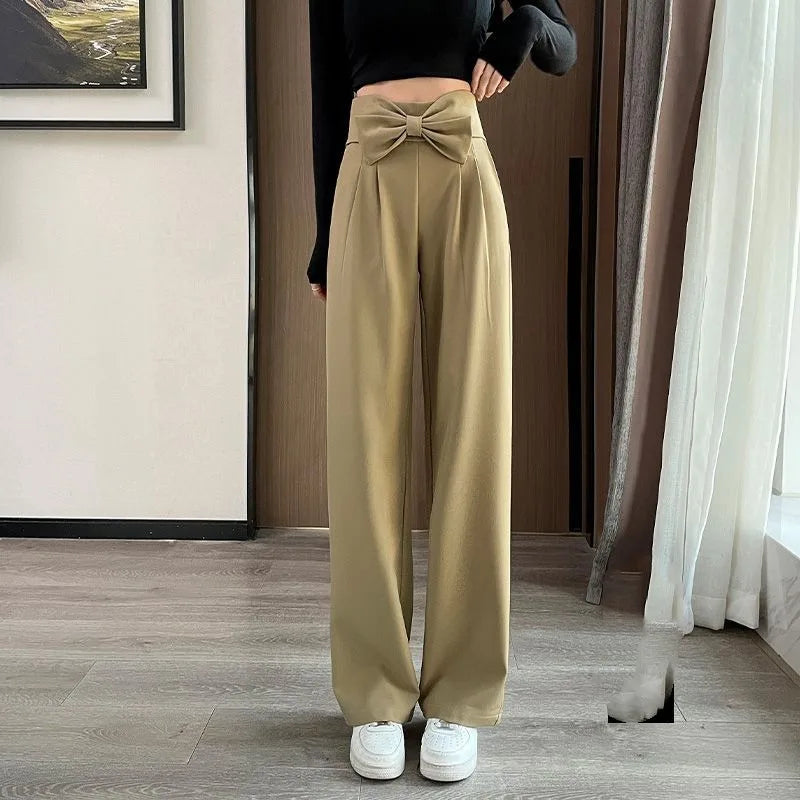 Women's Clothing Solid Color Bow Pockets Elastic High Waisted Chiffon Casual Wide Leg Trouser Suits Spring Summer Sweet Pants