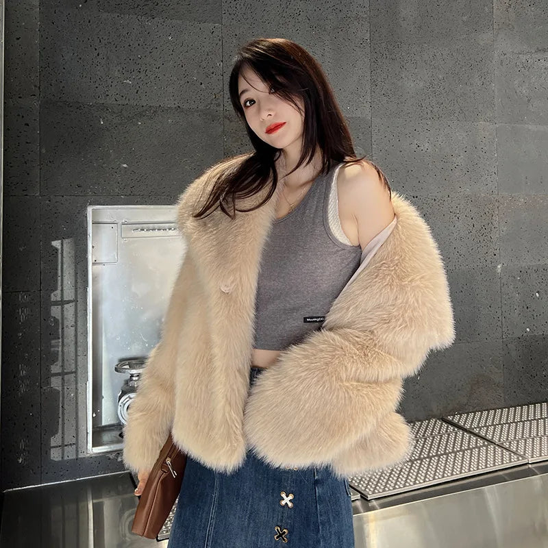 2023 New Women Winter Warm Faux Fur Coat Big Collar Women Velvet Coat Casaco Feminino