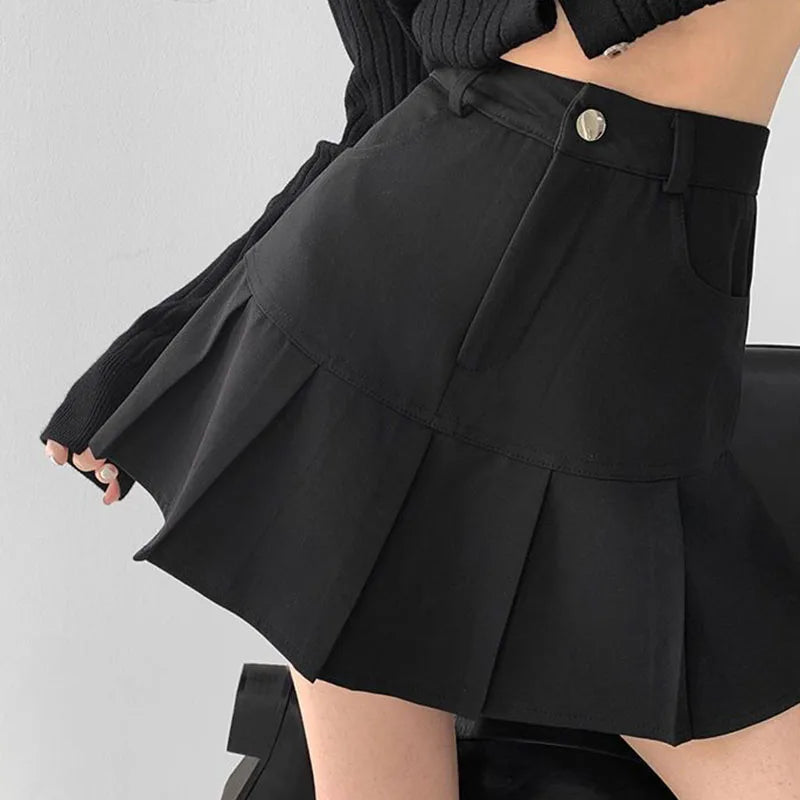 Y2K Vintage High Waist Pleated Skirt Women College Style Uniforms Safety Pants Mini Skirts Woman Korean Street Slim A-Line Skirt