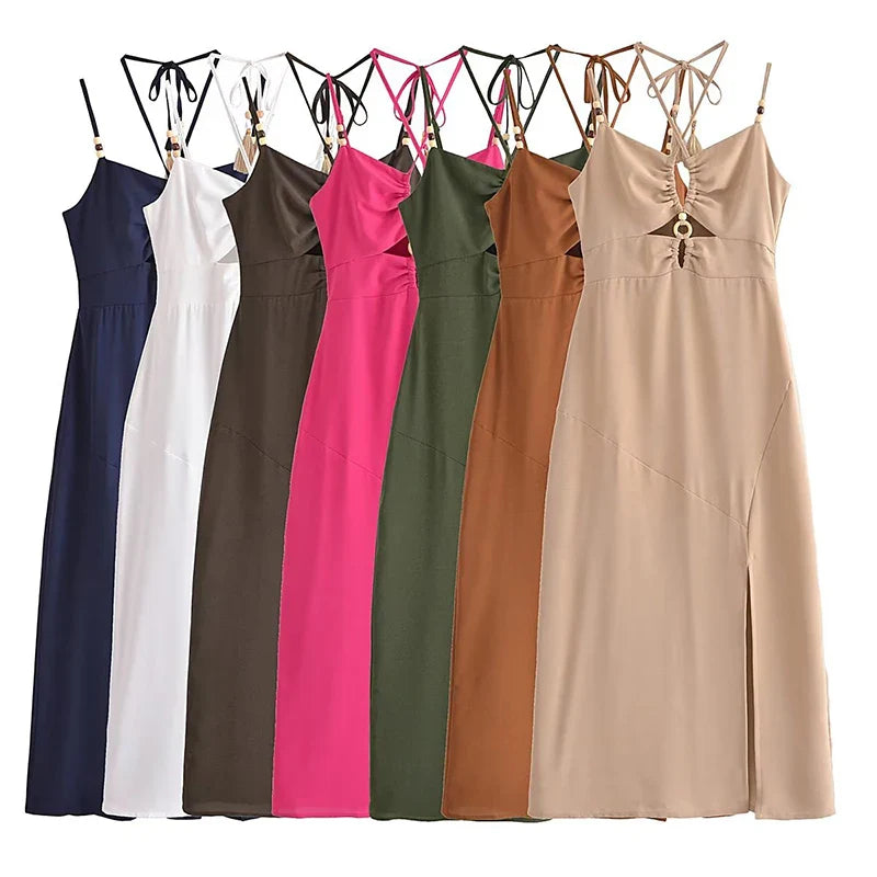 WARMMETA Summer Women Fashion Backless Halter Sling Dresses Front Slit V Neck Female Midi Party Sexy Dress