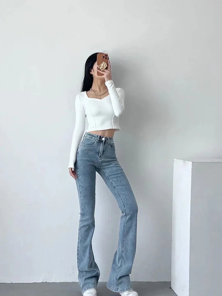 PICSGIRL  -  Fashion Denim Packets Jeans Women High Waist Flare Pants Streetwear Trousers Pants Jeans Ladies Autumn Bottoms Blue