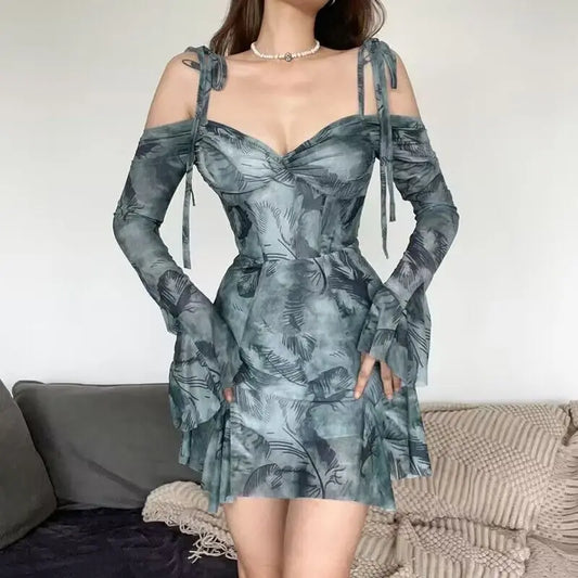 warmmeta Party Dresses For Women Printed Bell Sleeves Backless Off Shoulder Sexy Irregular Dress 2023 New Fashion Chic Night Club Vestido