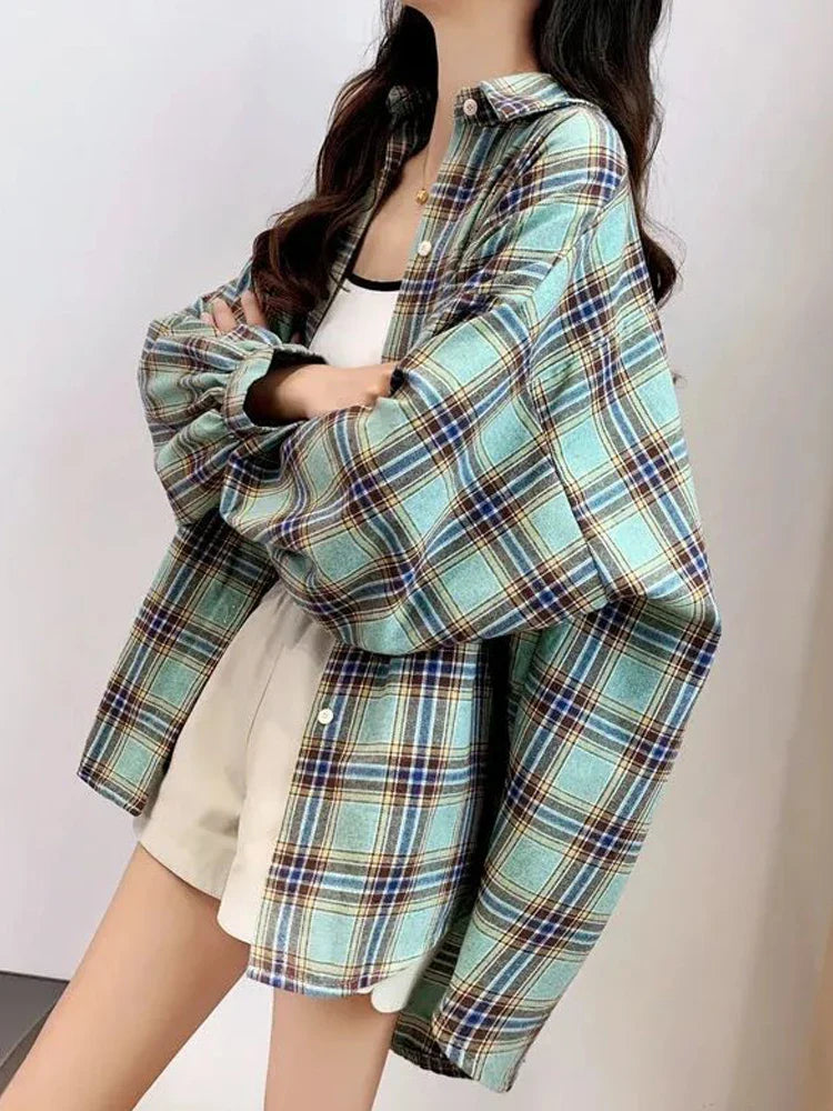 warmmeta Plaid Shirt Women Autumn Long Sleeve Top Female Vintage Fashion Single Breasted Blouse Ladies Preppy Style Loose Check Shirts