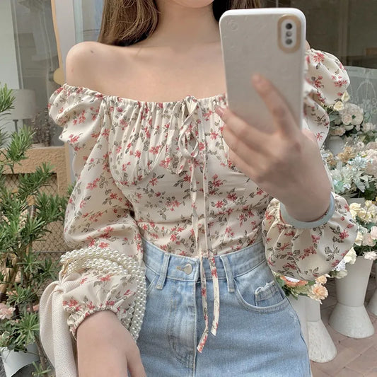 Autumn Women's Retro Floral Print Square Collar Sexy Sweet Long Sleeves Chiffon Shirt Blouse