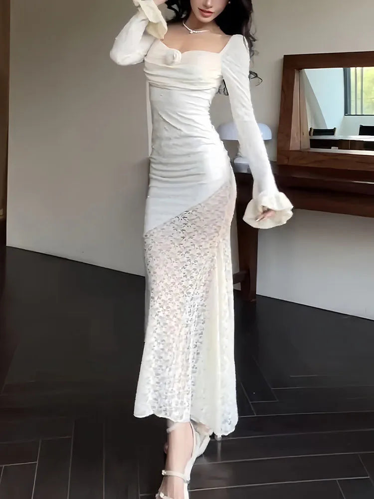 PICSGIRL -  White Lace Long Dresses Women French Elegant Hip Wrap Mermaid Dress Ladies Sexy Square Collar Off Shoulder Evening Party Dresses