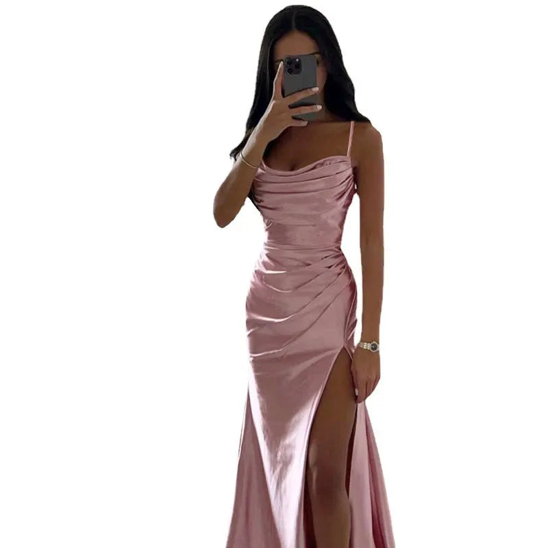 WARMMETA Satin Backless Side Split Maxi Dress Women 2024 Summer Sexy Slim Off Shoulder Ruched Bodycon Female Party Evening Dresses