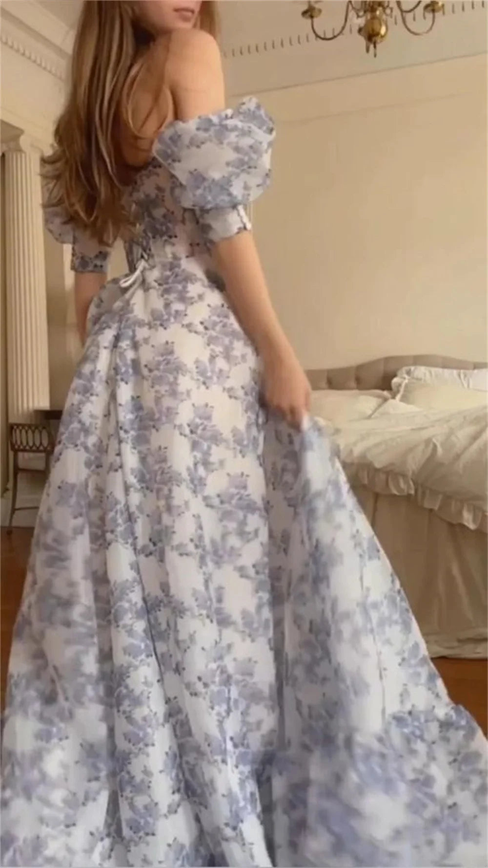 Sansa Sweet فساتين السهرة Blue And White Porcelain Vestidos De Noche Sexy Puffy Sleeve A-line Prom Dress فساتين سهره فاخره