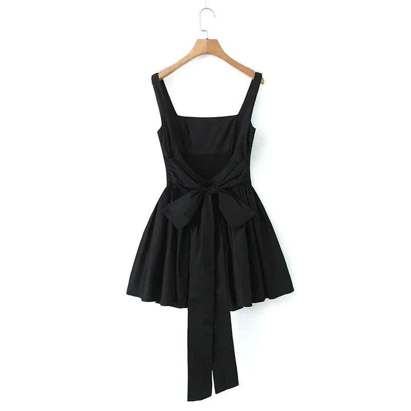 WARMMETA 2024 Women Sweet Tie Bow Sashes Sexy Backless Dress Waist Spliced Pleated Swing Party Mini Robe