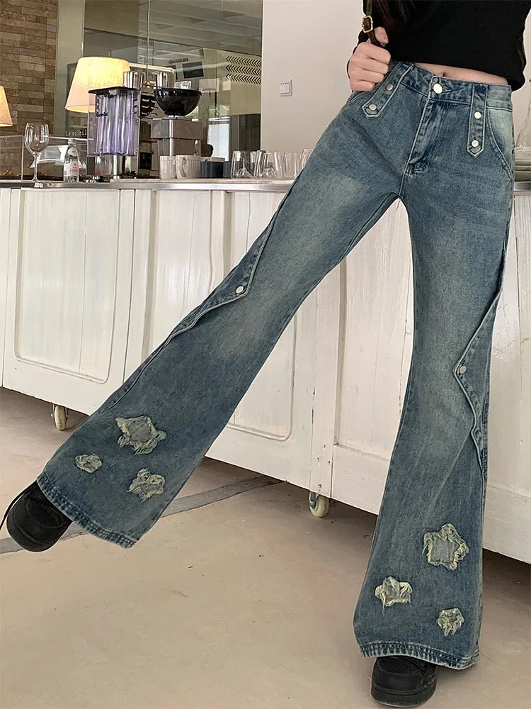 Fashion Blue Denim Pants Women Embroidery Star New Design High Waist Slim Bell Bottoms Gyaru Jeans Streetwear Vintage Kpop