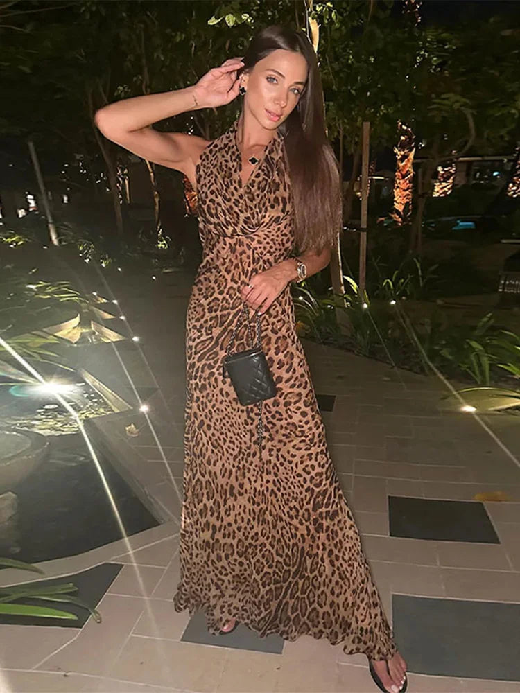 Woman Elegant V-neck Leopard Print Sleeveless Long Dress Sexy Sleeveless Backless Female Maxi Dresses Vacation Beach Robes 2024