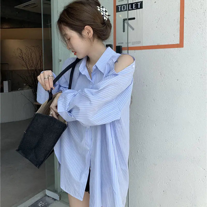 Off Shoulder Blue Striped Long Sleeve Women Chemise Femme Chic High Street Blouse Oversize Hollow Out Shirts Turn Down Collar