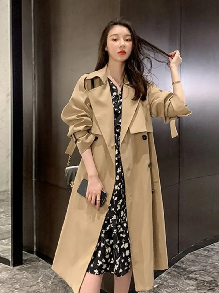 Lapel Women Trench Coat Topcoat Double-breasted Casual Coat Pure Color Autumn Winter  Overgarment Waistband Windbreak Jacket