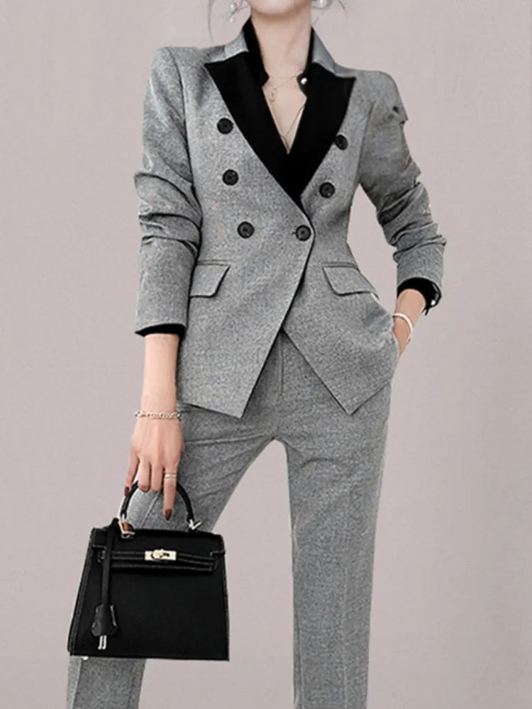 Vintage Women Office Sets New Korean Fashion Notched Elegant Long Sleeve Blazer Casual High Waist Pantsuits Female 2 Pieces Set