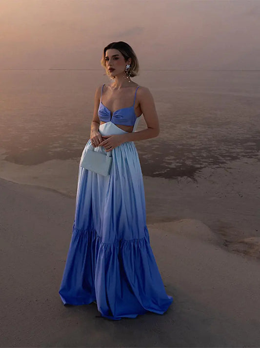 Women's Elegant Blue Gradient Cut-out Suspender Maxi Dress Chic Sexy Backless Sleeveless Slim Dresses Female Beach Vacation Robe