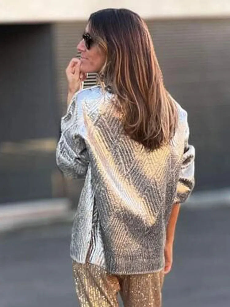 Women Metallic Solid Turtleneck Sweater Elegant Loose Long Sleeve Silver Casual Pullover Autumn Female Fashion Chic Jumper