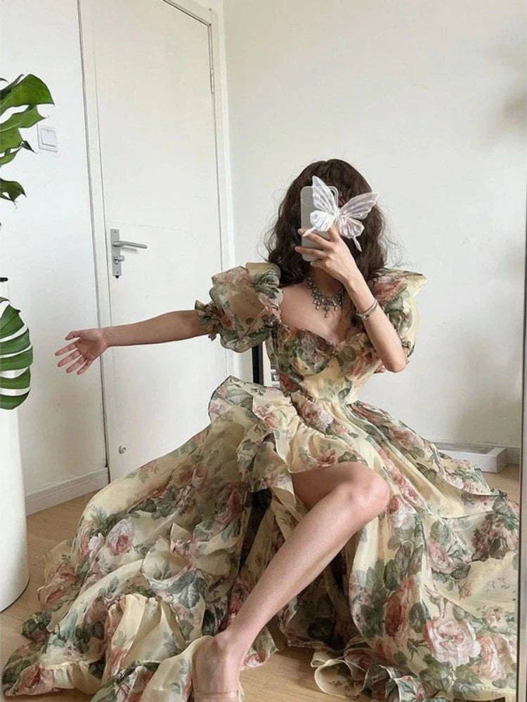 warmmeta-Floral Print Evening Party Dress Women 2024 Puff Sleeve Elegant Princess Long Dres Ladies France Vintage Open Fork Dress Summer