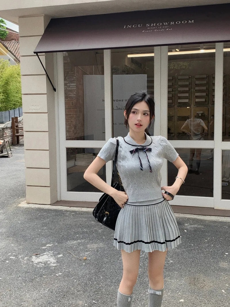 warmmeta Girl College Style Suit Women's Autumn Knitted Pleated Dress Turn-down Collar Bow Top Two-piece Set Fashion Female Clothes