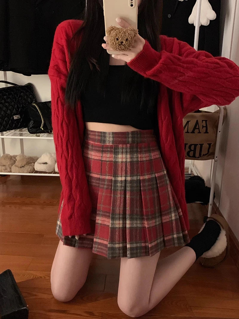 Christmas Red Plaid Pleated Skirts Women Autumn Winter Party Mini Skirt Female High Waist Vintage Elegant Slim Short Skirts