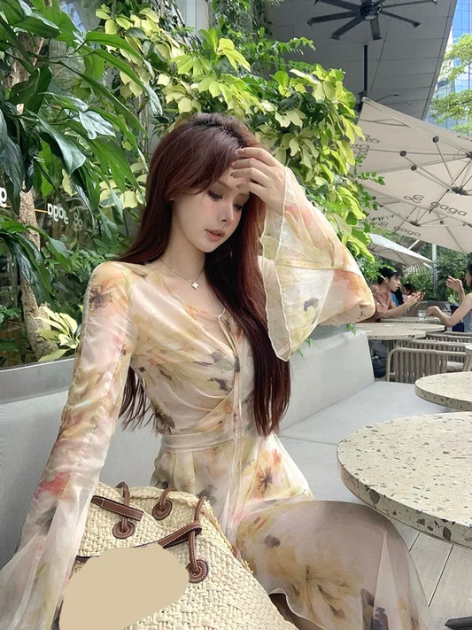 Vintage Dresses Women Temperament French Style Floral Printed Fashion V Neck Bandage Flare Long Sleeve Elegant Dress