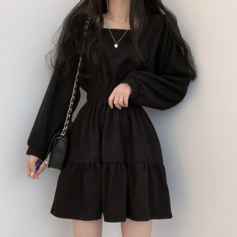 Women Long Sleeve Black Dresses Square Collar A-Line Sweet Vintage Design High Waist Mini Length Soft Korean Elegant