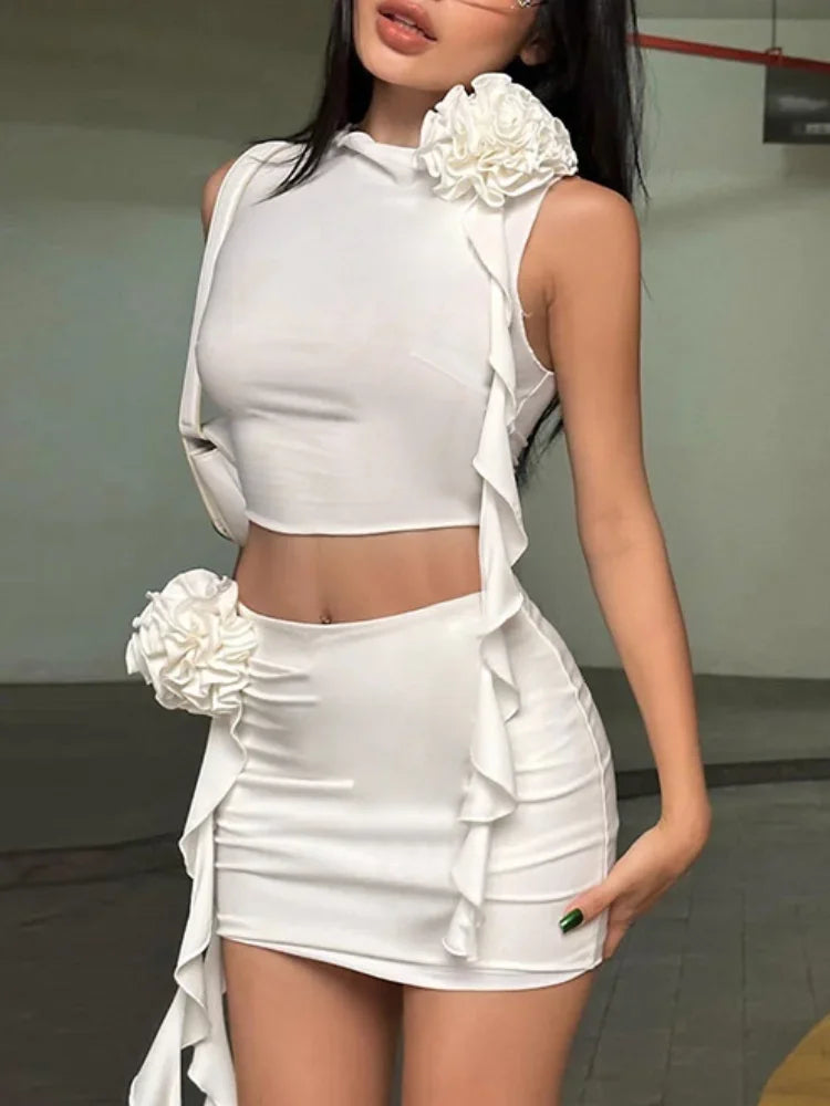 Sexy 3d Flower Tassels Stringy Selvedge Mini Skirt Sets Women Elegant O Neck Sleeveless Tops Suit Summer Fashion High Streetwear