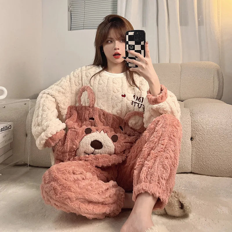 Winter Thicken Women Pijamas Sets Korean Girls Soft Warm Sleepwear Pyjama Pour Femme Cartoon Bear Cute Pajamas Long Sleeve Pants