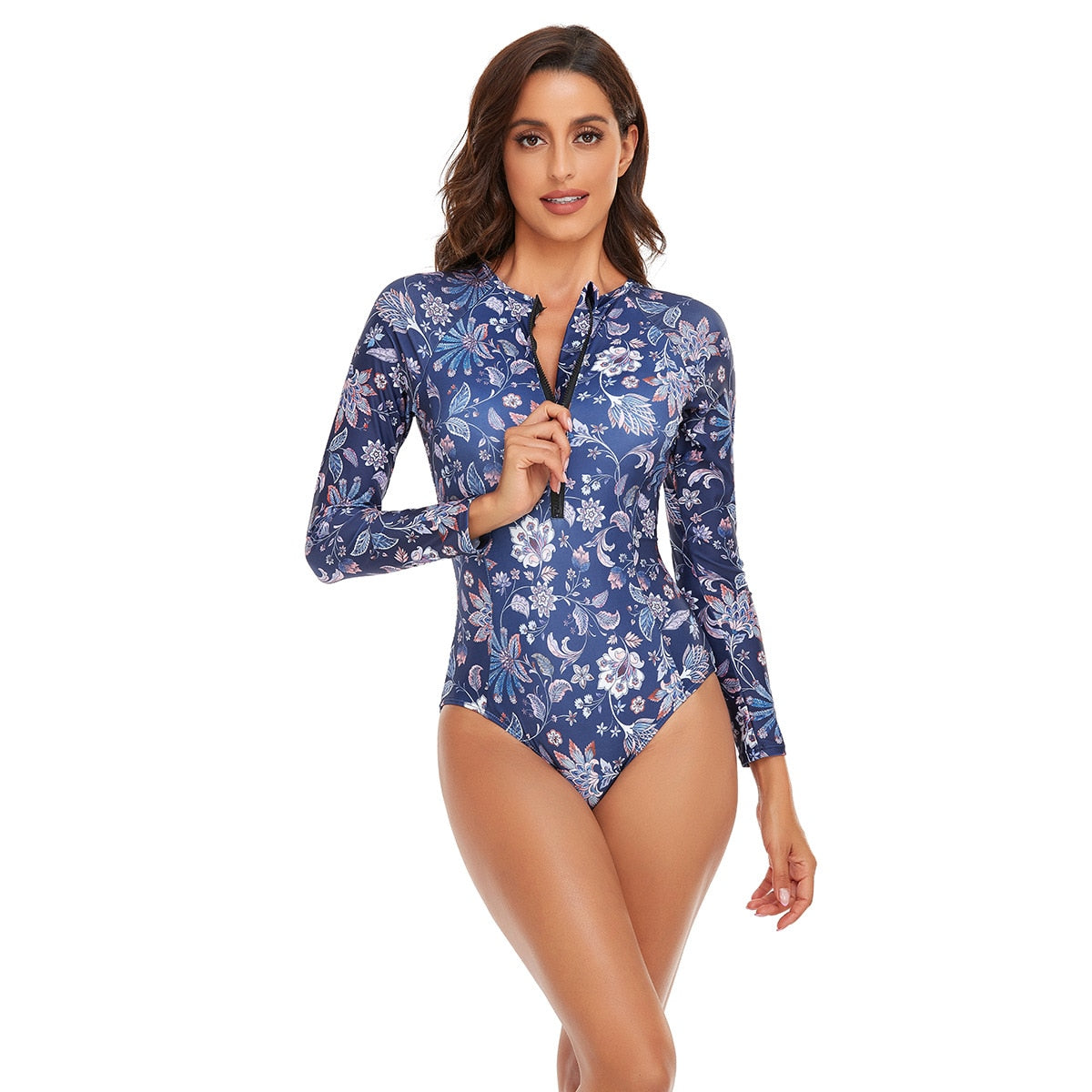 One Piece Long Sleeves Swimsuit Women Female Zipper Surf Bodysuit Floral Swimwear Girl Sun Protection Bathing Swimming Suit