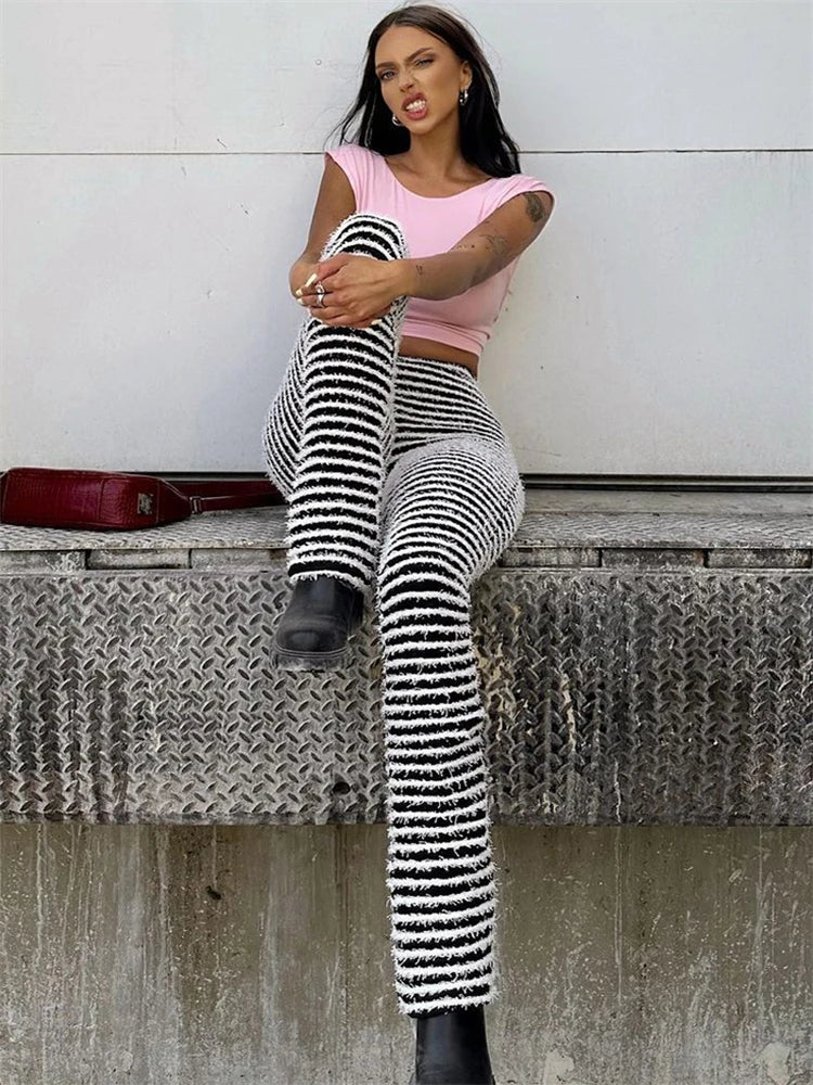 Picsgirl -  Zebra Stripes Knitted Pants Women Bodycon High Waist Slim Long Pants Femme 2024 Street Fashion Casual Trouseres Hot Girls