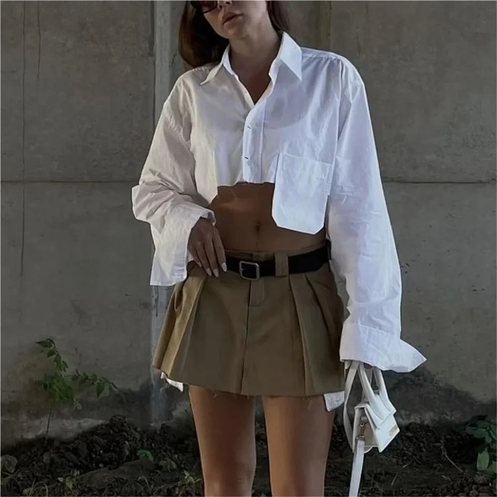 PICSGIRL -  Long sleeve cropped blouse women Summer fashion sexy short blouse women white cute tops loose pocket designer clothes