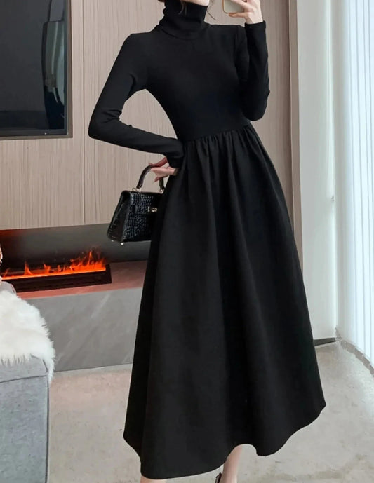 warmmeta Women Winter Turtleneck Black Midi Dress Korean Elegant Long Sleeve A-line Slim Vestidos Autumn Office Lady Casual Robe Clothes