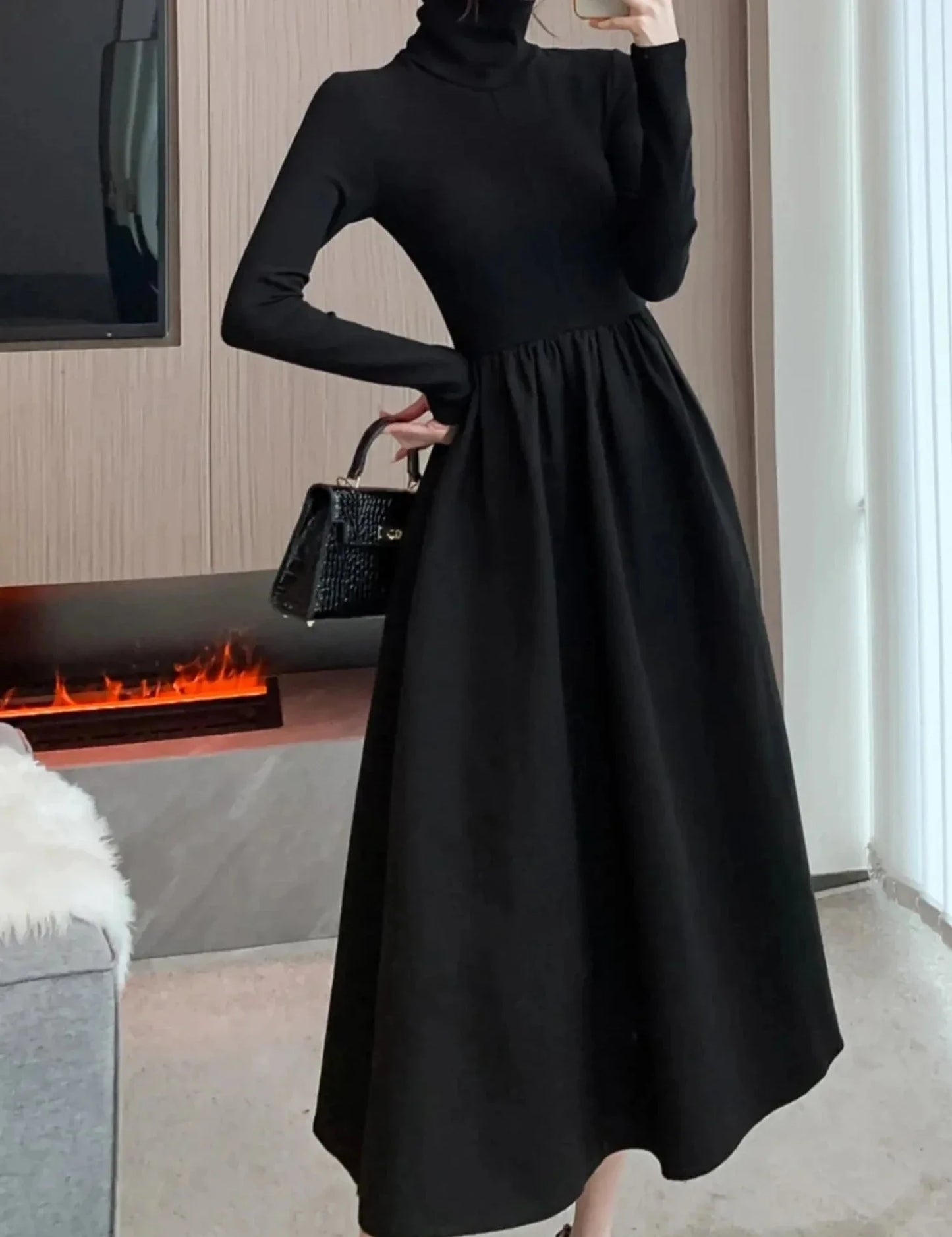 warmmeta Women Winter Turtleneck Black Midi Dress Korean Elegant Long Sleeve A-line Slim Vestidos Autumn Office Lady Casual Robe Clothes