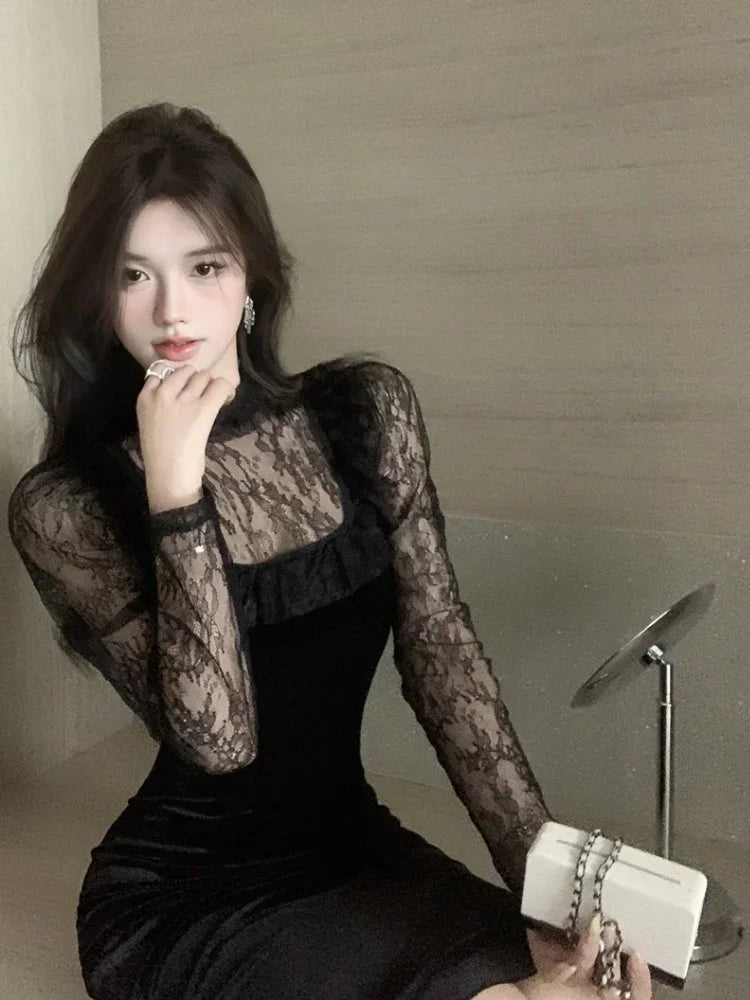 WARMMETA Vintage Elegant Dresses Women Lace Ruffles Patchwork Velvet Long Sleeve Slim Stretch Split Temperament Dress Ladies Black