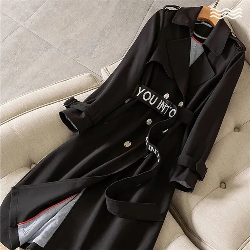 Spring Autumn Casual Women Mid-length Trench Coat With Letter Embroidery Sashes Double-breasted Lapel Female Windbreaker Outwear