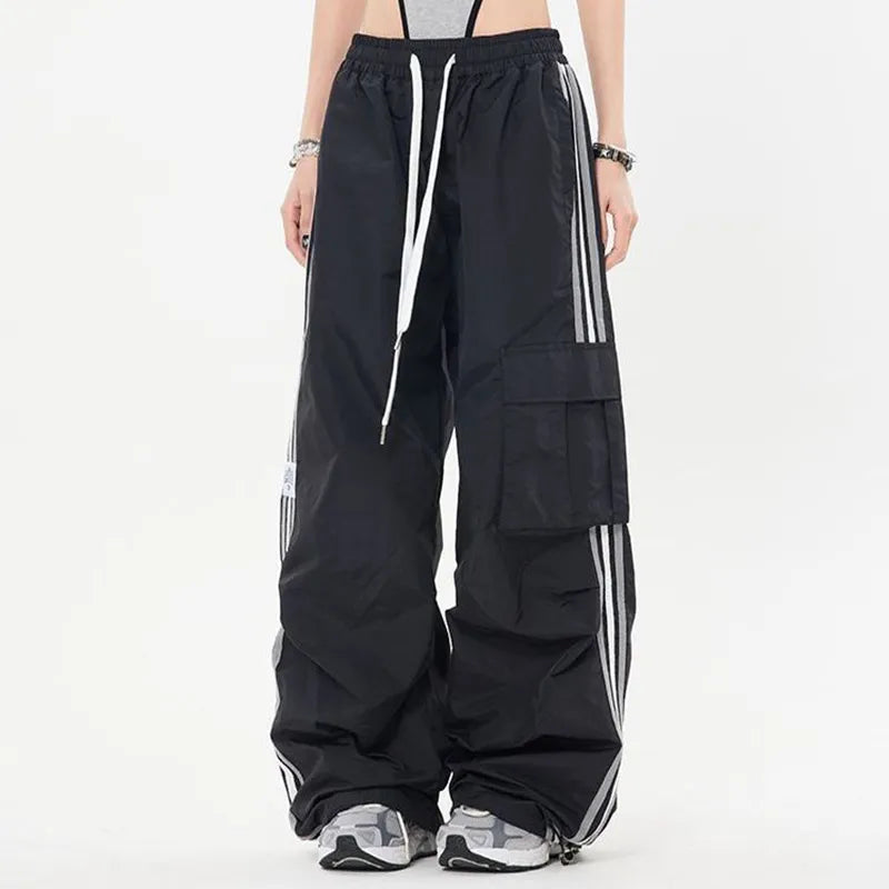 warmmeta 2 Y2K Kpop Cargo Pant Women Drawstring Pockets Wide Leg Chic Punk Pants Baggy Striped Sports Sweatpants Parachute Jogger Trousers