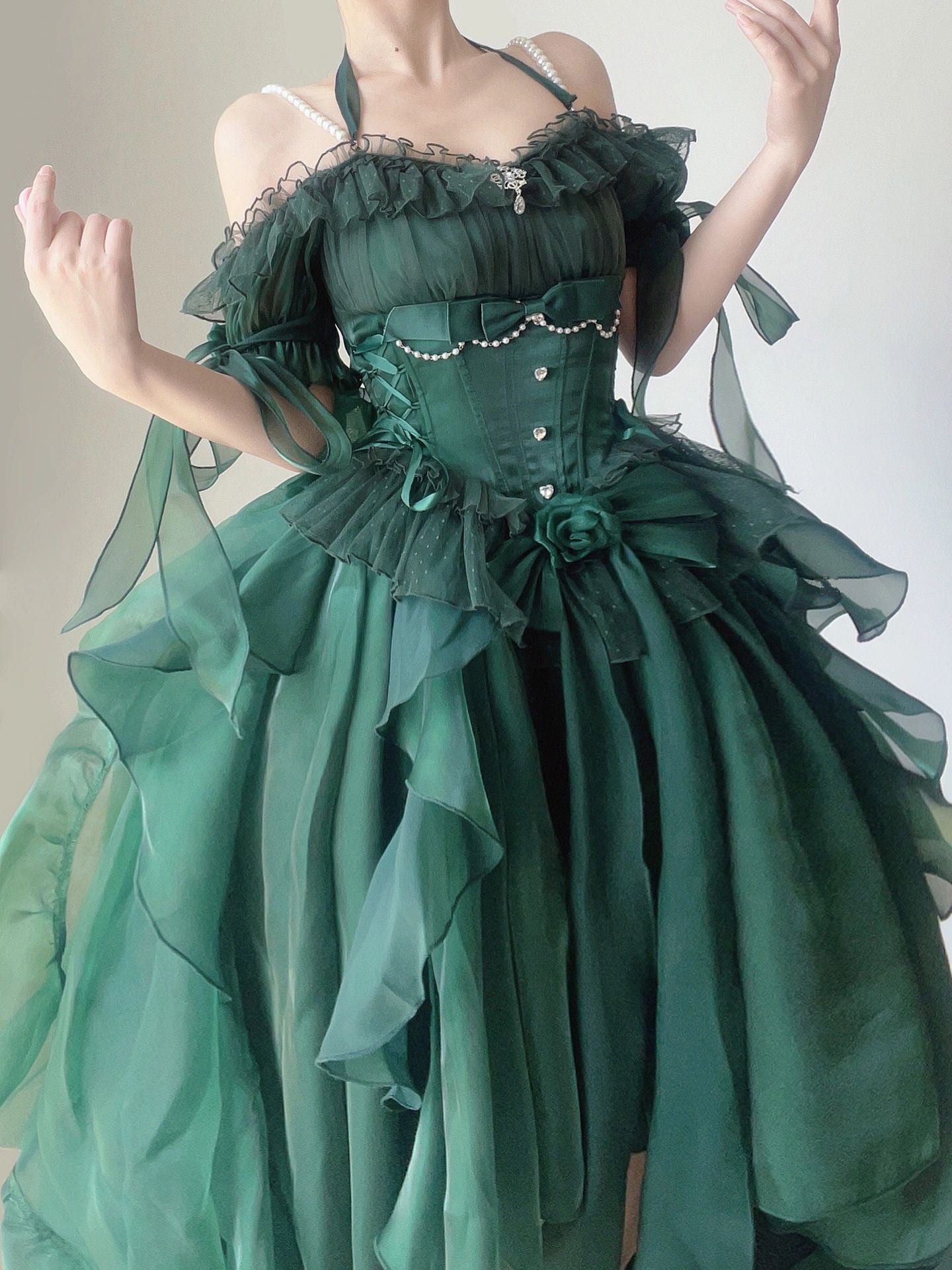 warmmeta Green Flower Wedding Dress Cos Lolita Dress Op Dress Lolita Heavy Industry Trail Puffy Princess Dress, Lolita Cosplay