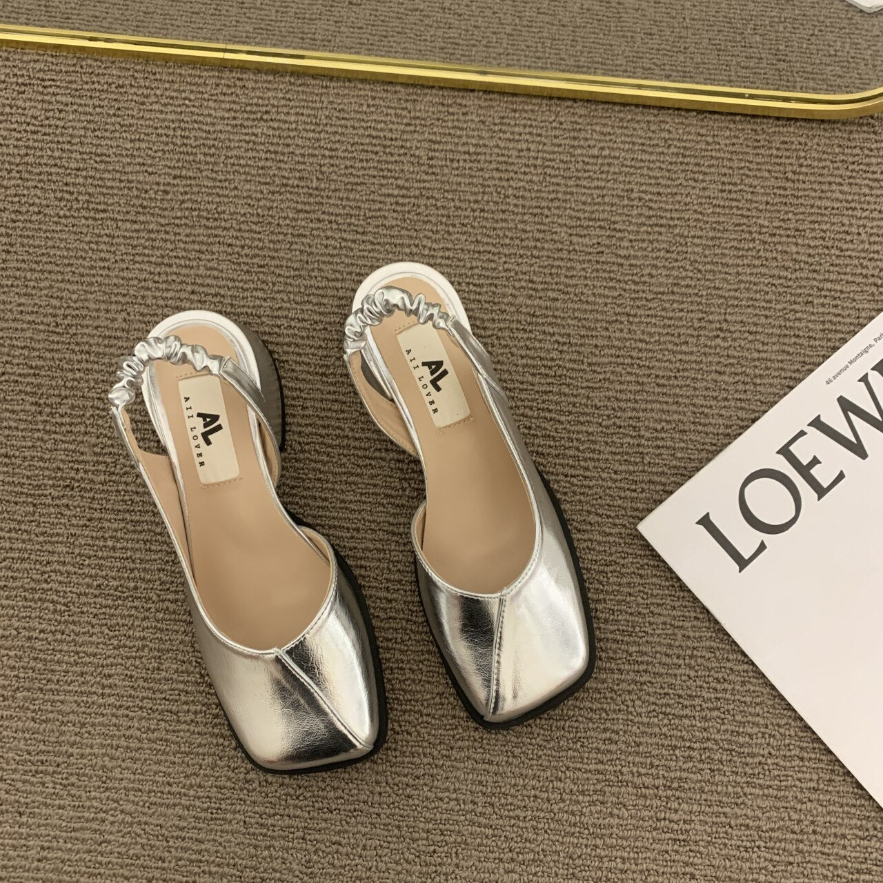 High heels women's French square head thick heel spring and autumn single shoes 2022new Mary Jane shoes sandals Baotou half drag