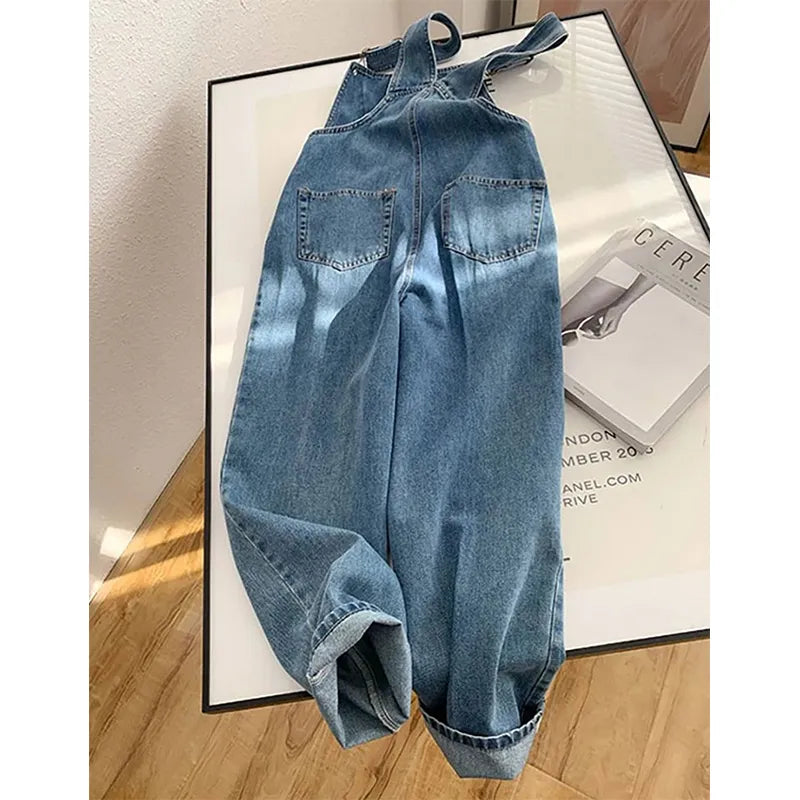 MEXZT Jumpsuits Women Streetwear Denim Overalls Vintage Loose Casual Wide Leg Pants High Waist Strap Straight Jeans Trousers New