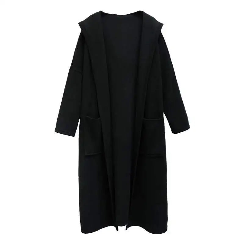 Korean  design Women's Clothing  Long Tunic Elegant Cardigan coats  Vintage ladies Hooded long Overcoat