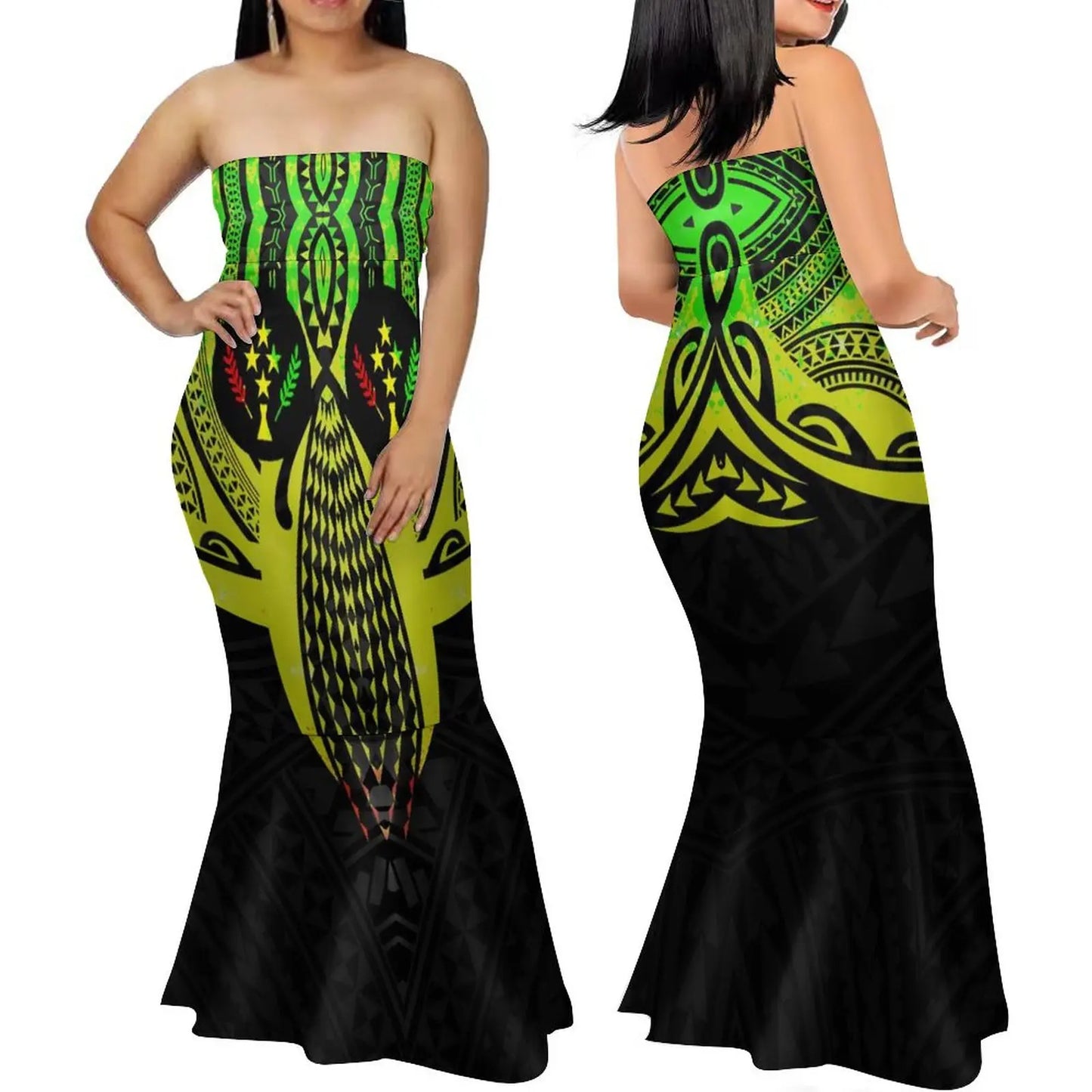 Strapless Hawaii Print Dress Polynesian Dress Mermaid Ruffle Bottom Samoa Maxi Skirt Polenesian Print Tribal Design