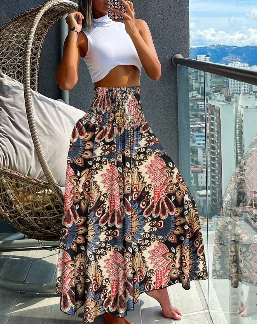 Boho Print Skirts For Women 2024 Summer Casual Elastic High Waist A-line Big Swing Long Dress Vacation Beach Party Skirt Robe