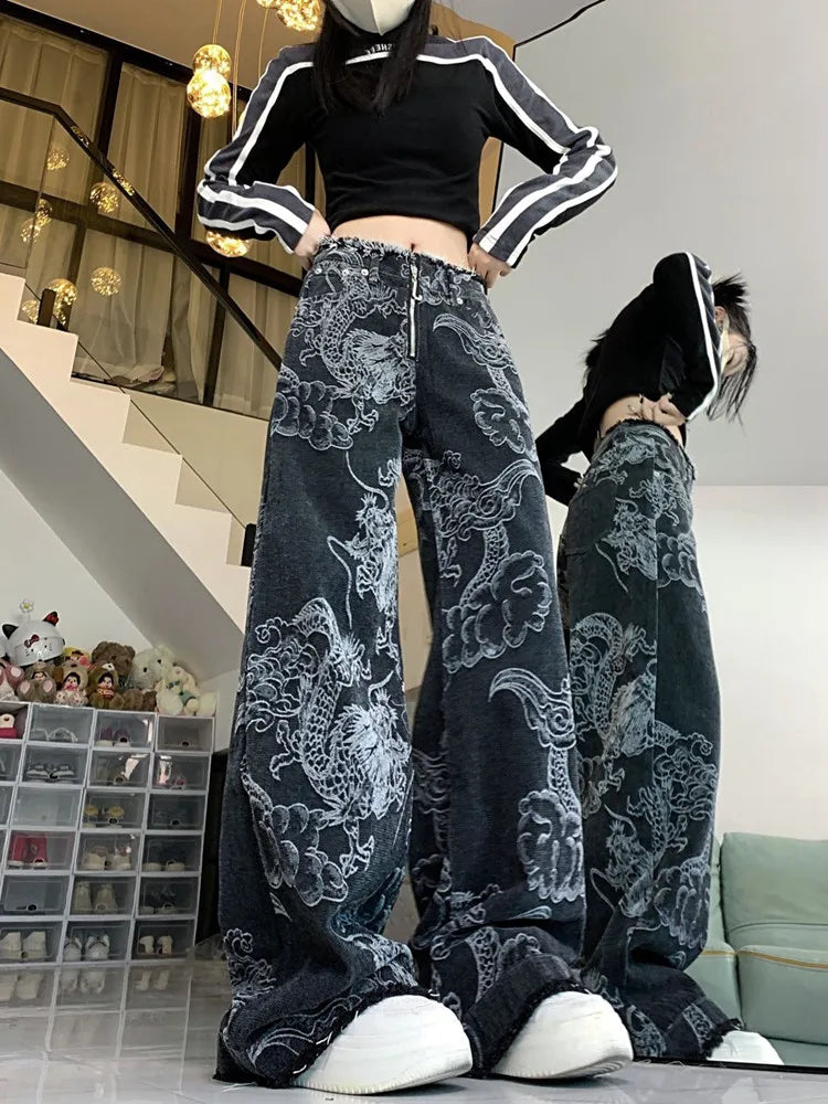 Dragon pattern print design Vintage Y2K jeans women autumn and winter personalized graffiti straight wide leg pants Streetwear