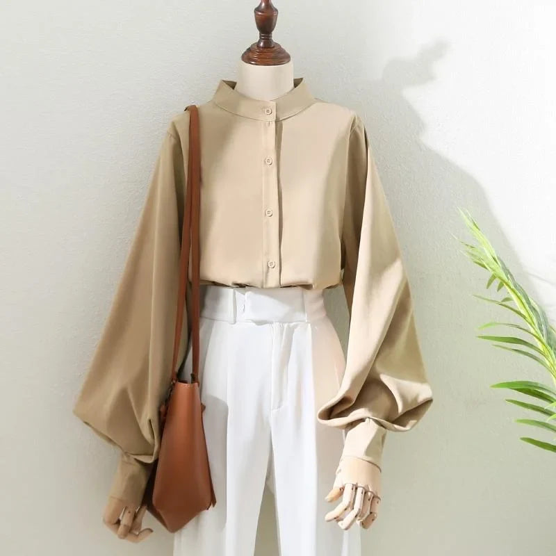 warmmeta Woman Spring Autumn Style Blouses Shirt Lady Long Lantern Sleeve Stand Collar Loose Blusas Tops