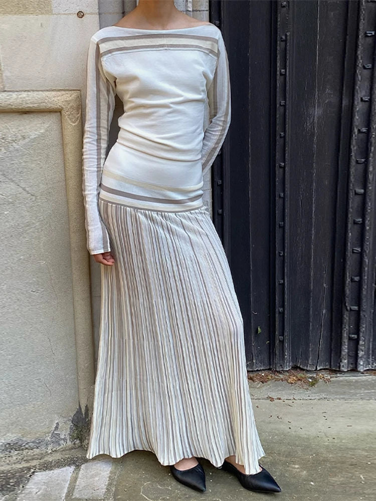 Women Elegant Striped Full Sleeved Top Long Dress Suits Chic Round Neck Slim Tops Pleated Skirt Set Fashion Lady Street Outfits