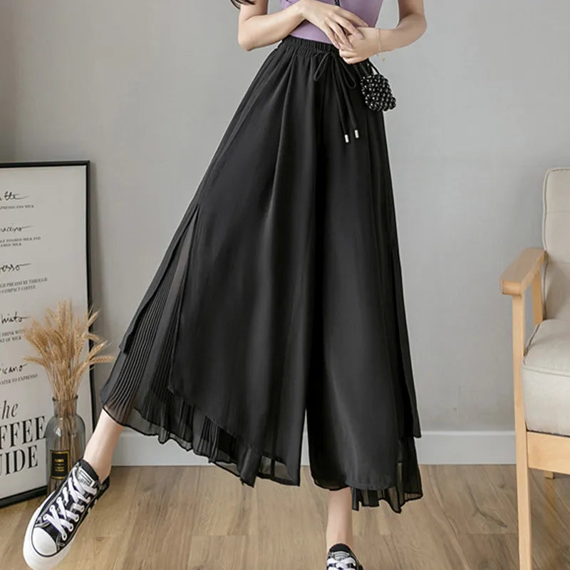 Elastic Wide Leg Pants Women Korean Fashion Chiffon Trousers Summer Casual Loose Pleated Pants Lady High Waist Street Skirt Pant