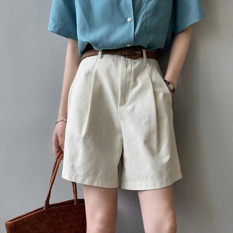 Belt Pure Cotton Shorts Women High Waist Wide Leg A Line Suit Shorts Office Lady Solid Loose Casual All Match Short Pants