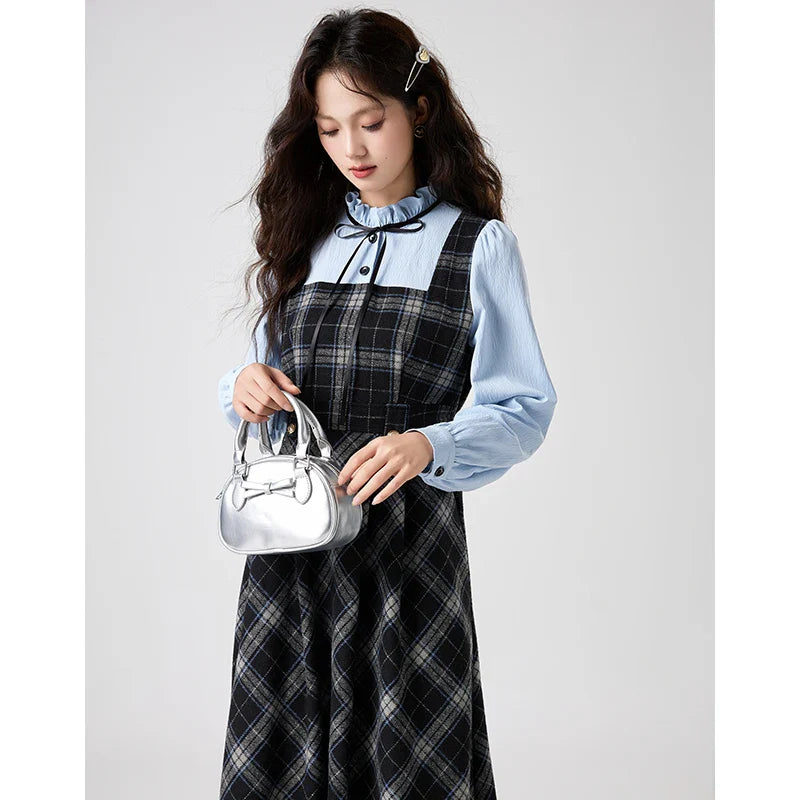 Blue Stories Dark Academia Plaid Long Sleeve Dress